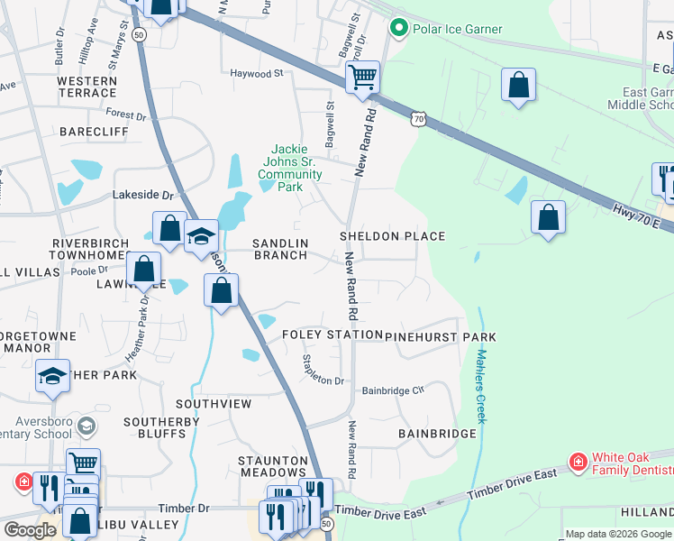 map of restaurants, bars, coffee shops, grocery stores, and more near 101 Kentucky Drive in Garner