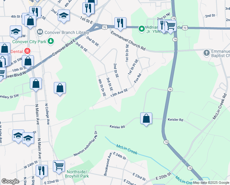 map of restaurants, bars, coffee shops, grocery stores, and more near 1215 3rd Street Drive Southeast in Conover