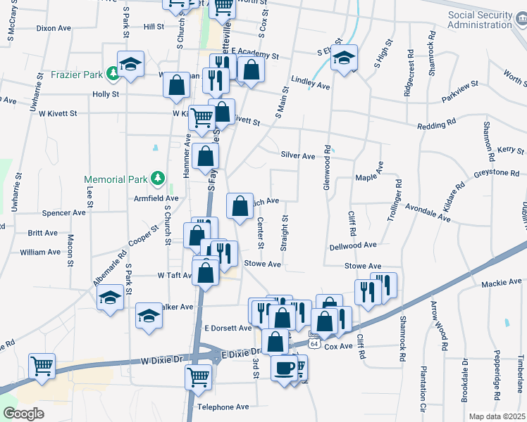 map of restaurants, bars, coffee shops, grocery stores, and more near 909 Center Street in Asheboro