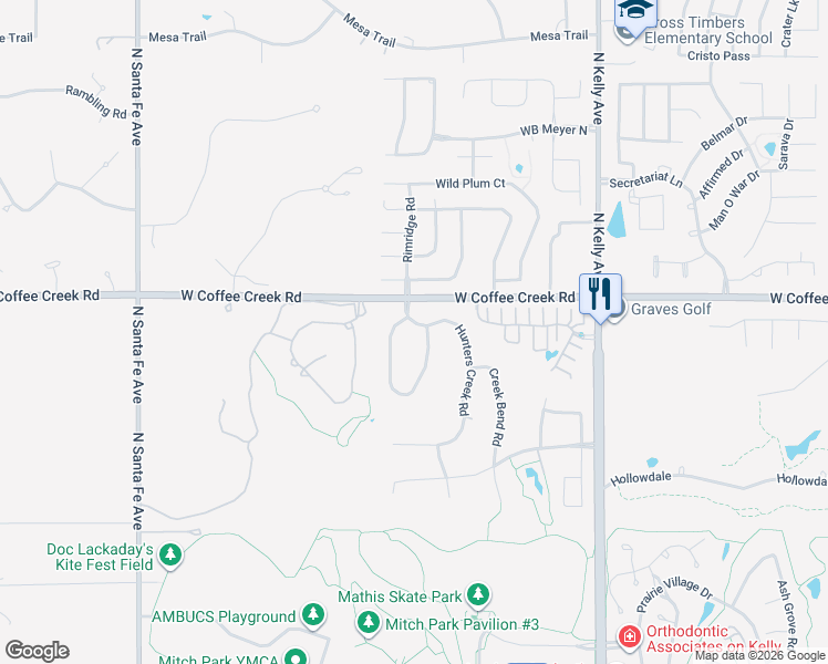 map of restaurants, bars, coffee shops, grocery stores, and more near 3924 Creek Bank Drive in Edmond