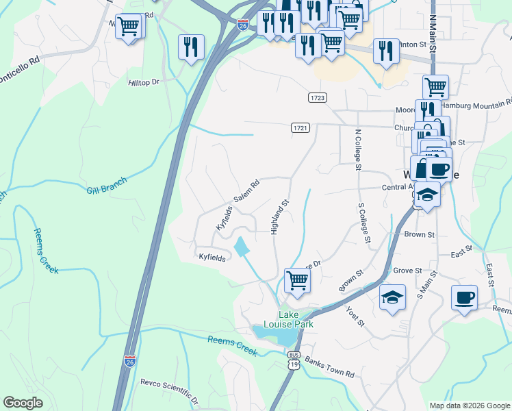map of restaurants, bars, coffee shops, grocery stores, and more near 344 Kyfields in Weaverville