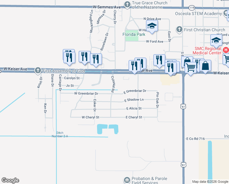map of restaurants, bars, coffee shops, grocery stores, and more near 101 E Greenbriar Dr in Osceola