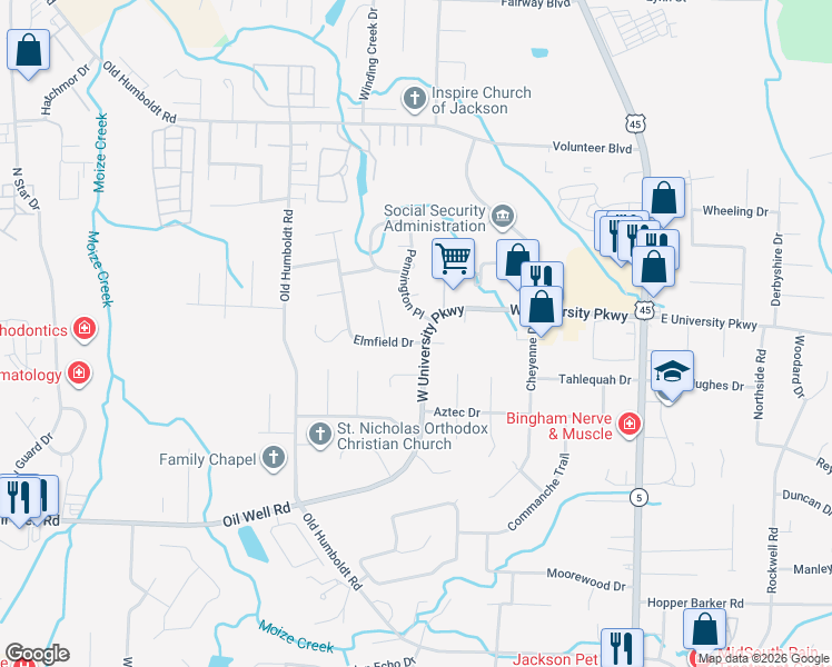map of restaurants, bars, coffee shops, grocery stores, and more near 233 West University Parkway in Jackson