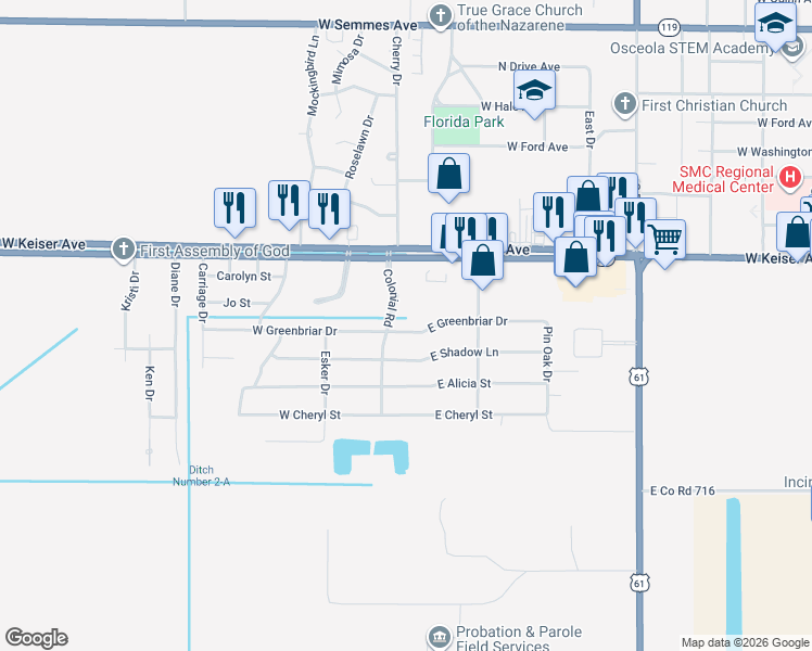 map of restaurants, bars, coffee shops, grocery stores, and more near 101 East Greenbriar Drive in Osceola