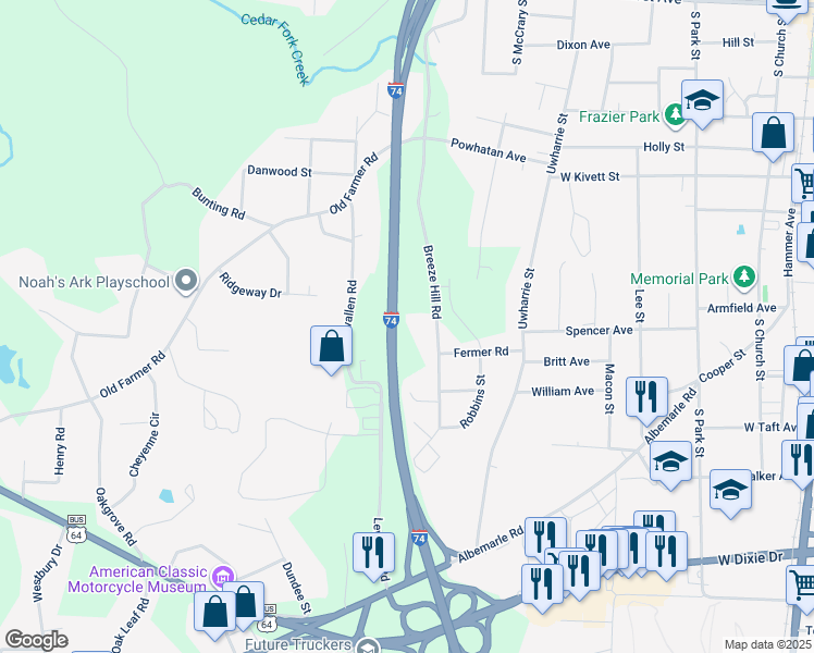 map of restaurants, bars, coffee shops, grocery stores, and more near Breeze Hill Road in Asheboro