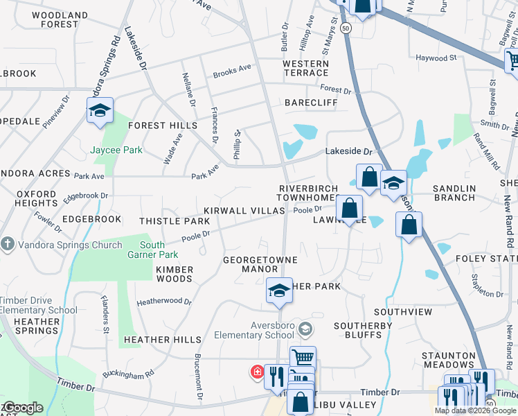 map of restaurants, bars, coffee shops, grocery stores, and more near 112 Rhum Place in Garner