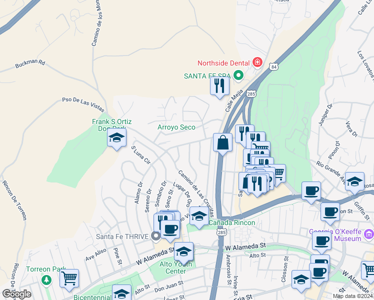 map of restaurants, bars, coffee shops, grocery stores, and more near 228 Las Mananitas Street in Santa Fe