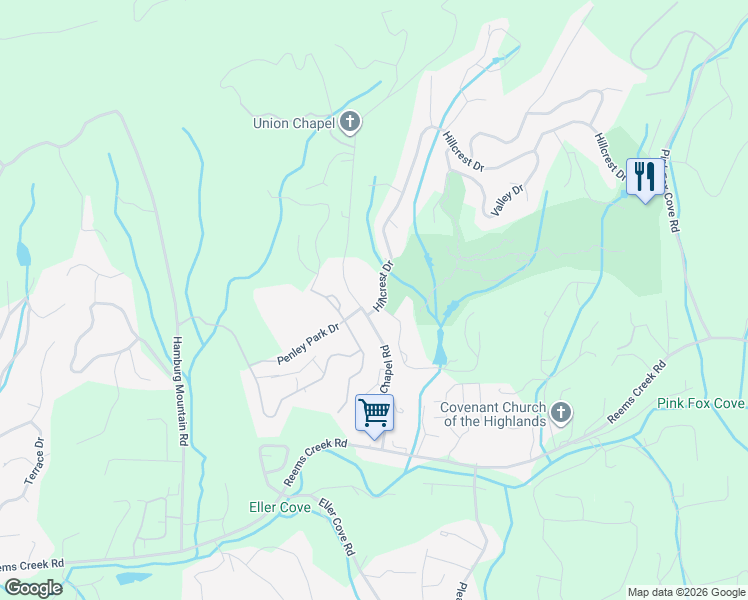 map of restaurants, bars, coffee shops, grocery stores, and more near 117 Hillcrest Drive in Weaverville