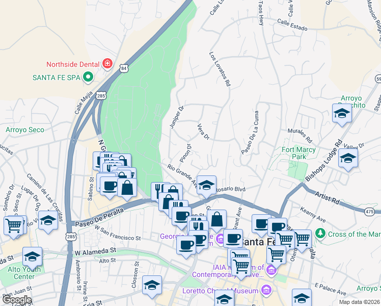 map of restaurants, bars, coffee shops, grocery stores, and more near 613 Pinon Drive in Santa Fe