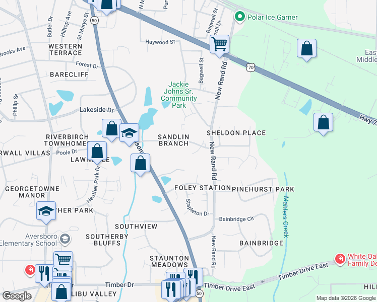 map of restaurants, bars, coffee shops, grocery stores, and more near 106 Barslund Court in Garner