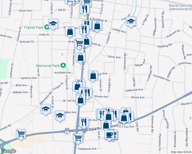 map of restaurants, bars, coffee shops, grocery stores, and more near 903 South Cox Street in Asheboro