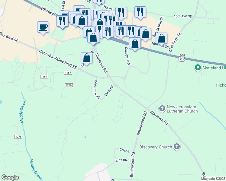 map of restaurants, bars, coffee shops, grocery stores, and more near 1985 Startown Road in Hickory