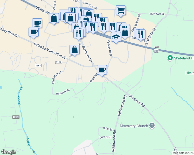 map of restaurants, bars, coffee shops, grocery stores, and more near 1985 Startown Road in Hickory