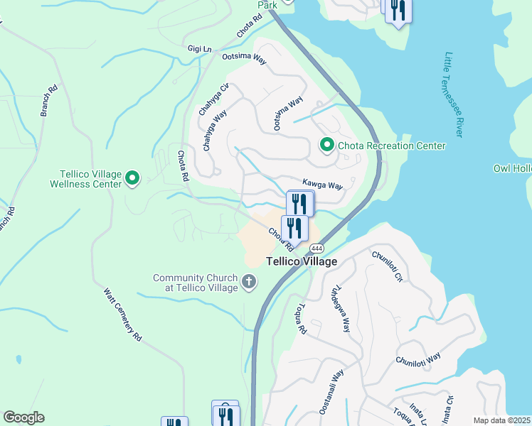 map of restaurants, bars, coffee shops, grocery stores, and more near 210 Chota Road in Loudon