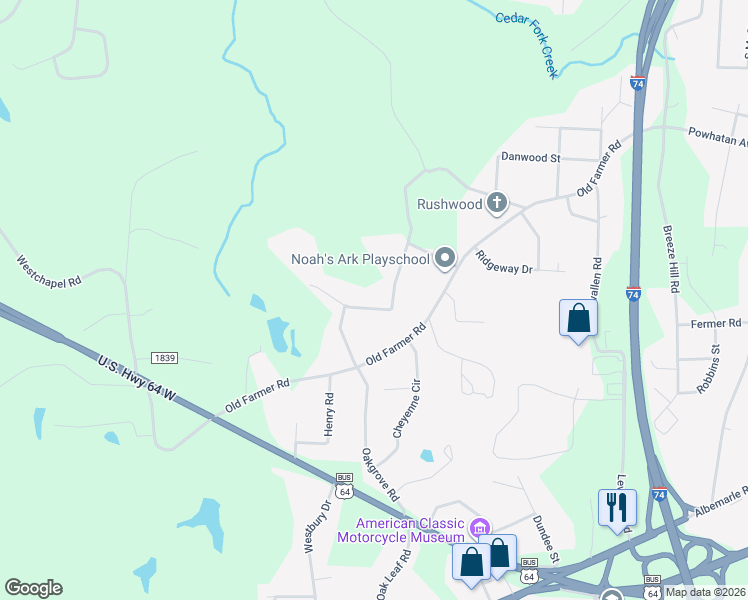 map of restaurants, bars, coffee shops, grocery stores, and more near 635 Oakgrove Road in Asheboro