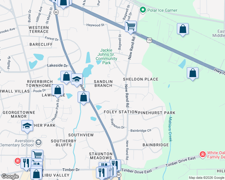 map of restaurants, bars, coffee shops, grocery stores, and more near 106 Barslund Court in Garner