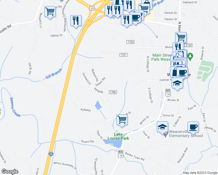 map of restaurants, bars, coffee shops, grocery stores, and more near 328 Kyfields in Weaverville