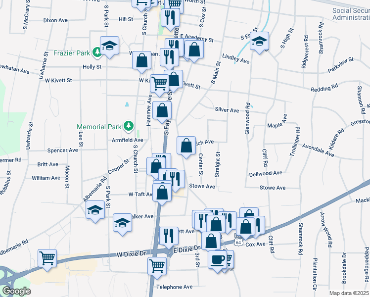 map of restaurants, bars, coffee shops, grocery stores, and more near 903 South Cox Street in Asheboro