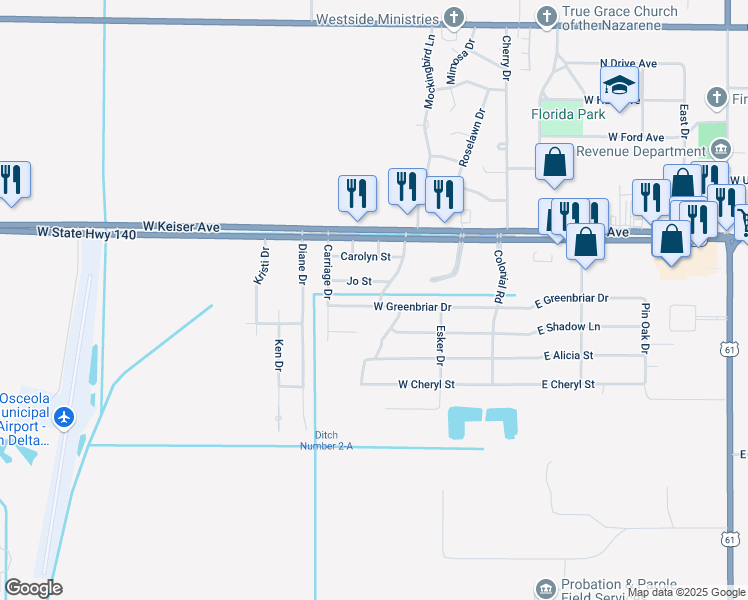 map of restaurants, bars, coffee shops, grocery stores, and more near 128 West Greenbriar Drive in Osceola
