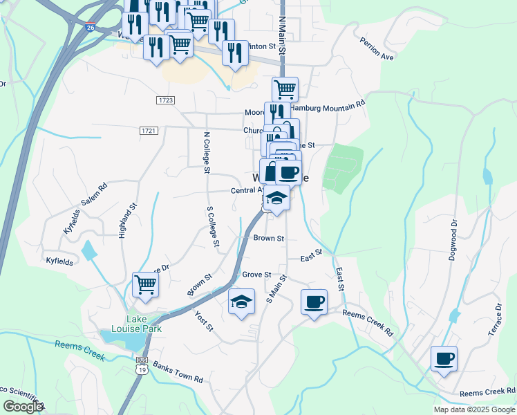 map of restaurants, bars, coffee shops, grocery stores, and more near 19 Merrimon Avenue in Weaverville