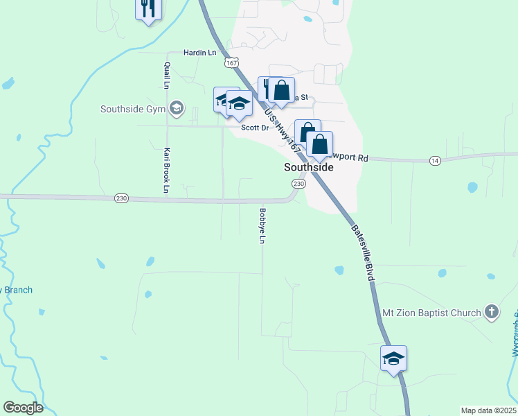 map of restaurants, bars, coffee shops, grocery stores, and more near 10 Bobbye Lane in Batesville