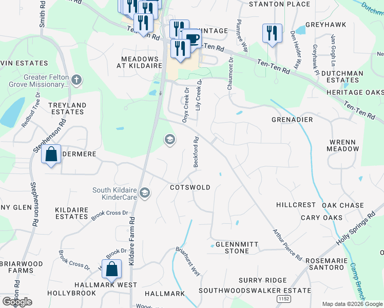 map of restaurants, bars, coffee shops, grocery stores, and more near 110 Beckford Road in Cary