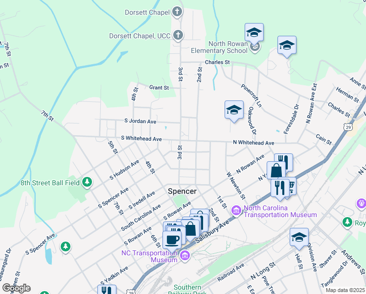 map of restaurants, bars, coffee shops, grocery stores, and more near 702 3rd Street in Spencer