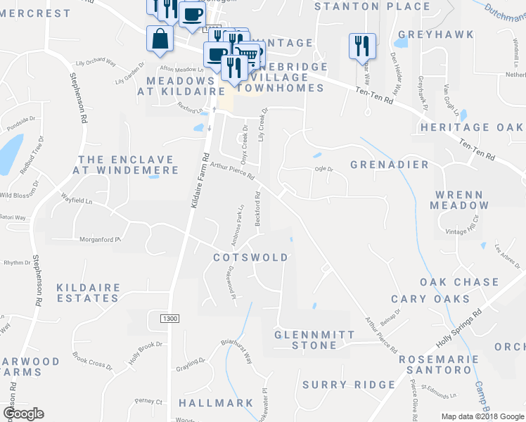 map of restaurants, bars, coffee shops, grocery stores, and more near 109 Beckford Road in Cary