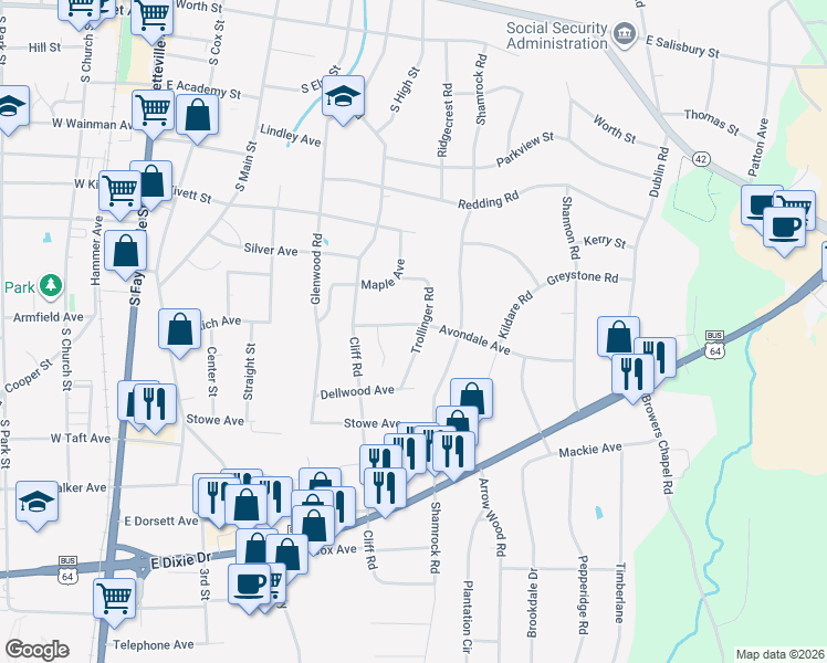 map of restaurants, bars, coffee shops, grocery stores, and more near 652 Avondale Avenue in Asheboro