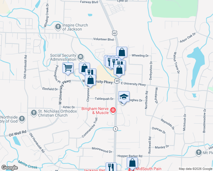 map of restaurants, bars, coffee shops, grocery stores, and more near 3131 North Highland Avenue in Jackson