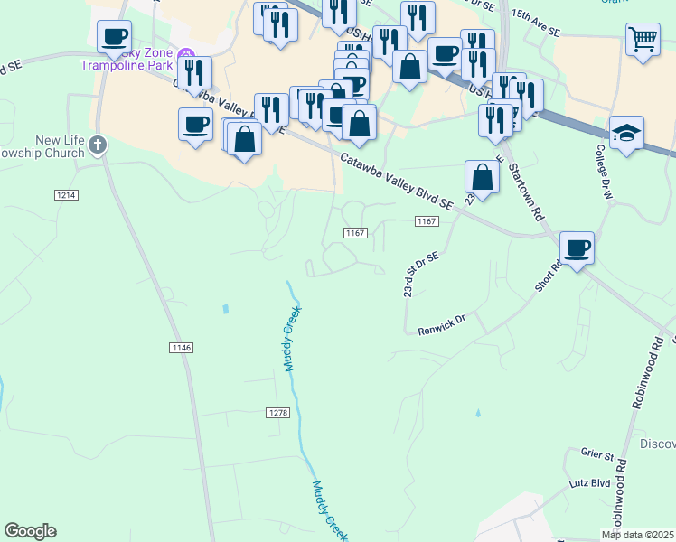 map of restaurants, bars, coffee shops, grocery stores, and more near 2117 21st Street Southeast in Hickory