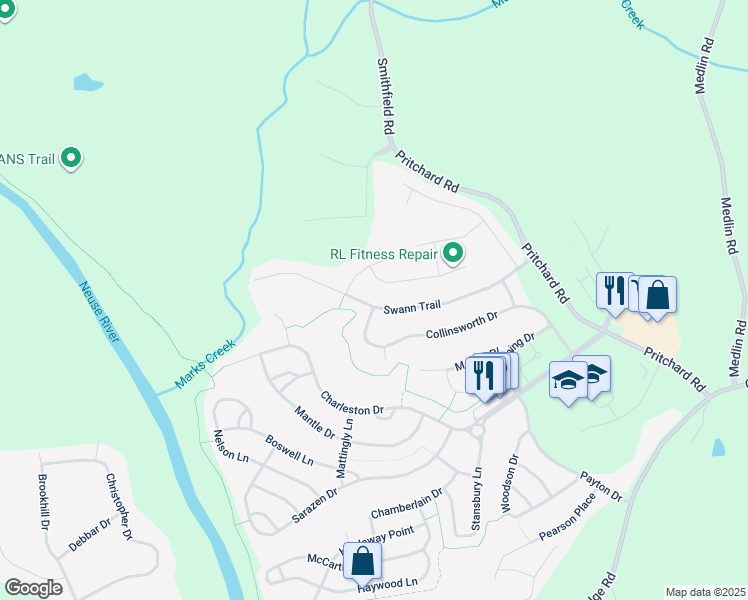 map of restaurants, bars, coffee shops, grocery stores, and more near 301 Swann Trail in Clayton