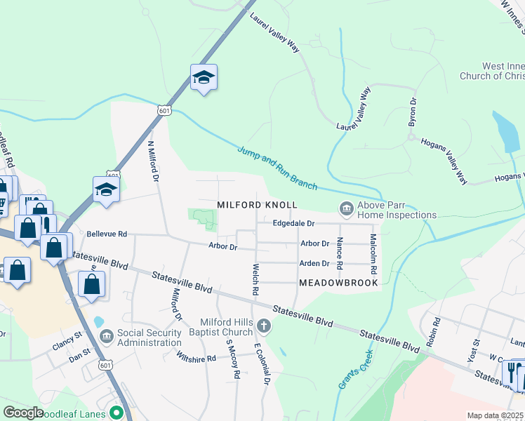 map of restaurants, bars, coffee shops, grocery stores, and more near 1340 Edgedale Drive in Salisbury