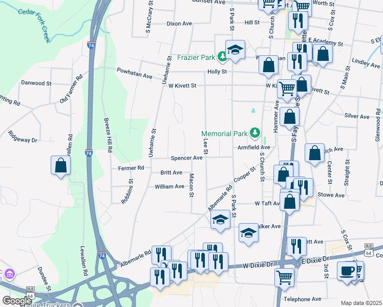 map of restaurants, bars, coffee shops, grocery stores, and more near 624 Spencer Avenue in Asheboro