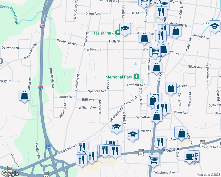 map of restaurants, bars, coffee shops, grocery stores, and more near 855 Lee Street in Asheboro