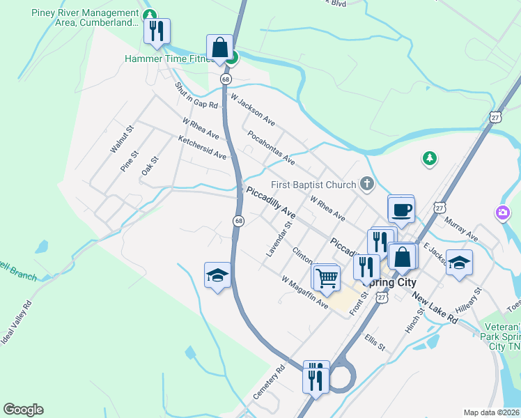 map of restaurants, bars, coffee shops, grocery stores, and more near 227 Pierce Street in Spring City