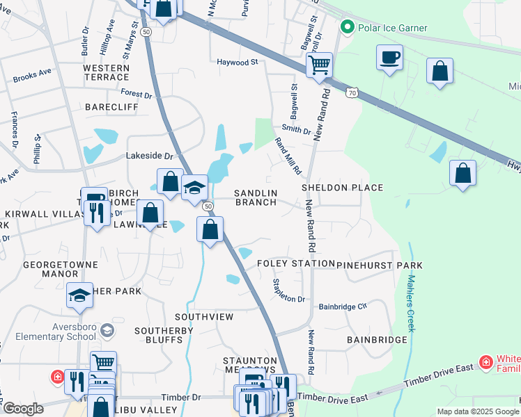 map of restaurants, bars, coffee shops, grocery stores, and more near 231 Kentucky Drive in Garner