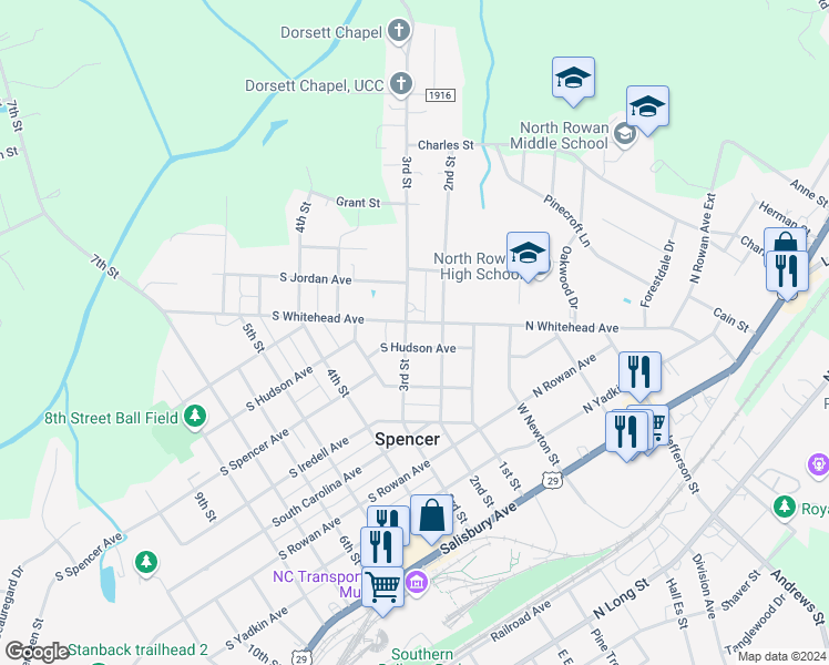 map of restaurants, bars, coffee shops, grocery stores, and more near 702 3rd Street in Spencer