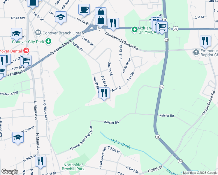 map of restaurants, bars, coffee shops, grocery stores, and more near 1215 3rd Street Drive Southeast in Conover