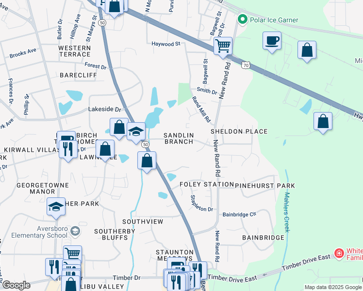 map of restaurants, bars, coffee shops, grocery stores, and more near 231 Kentucky Drive in Garner
