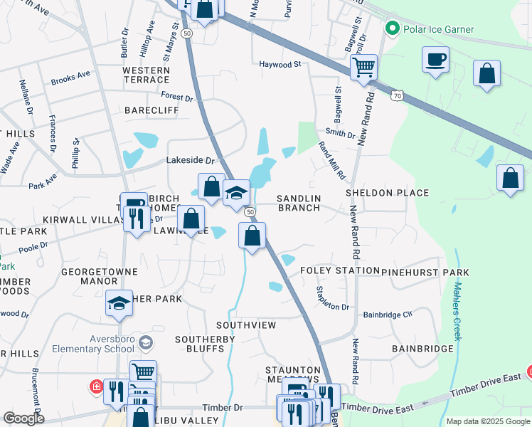 map of restaurants, bars, coffee shops, grocery stores, and more near 415 Kentucky Drive in Garner