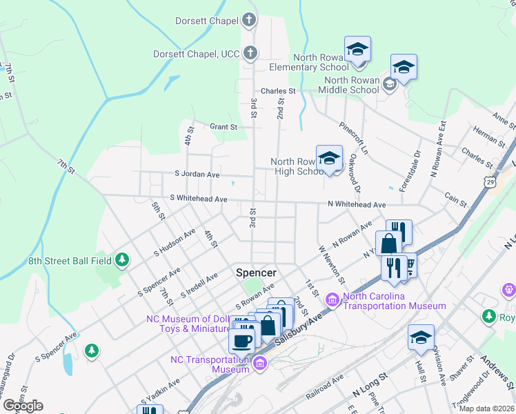 map of restaurants, bars, coffee shops, grocery stores, and more near 702 3rd Street in Spencer