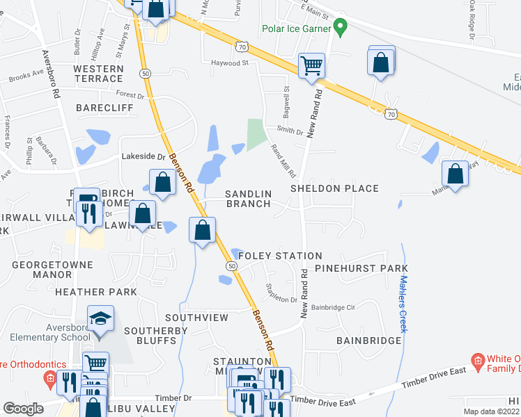 map of restaurants, bars, coffee shops, grocery stores, and more near 223 Kentucky Drive in Garner