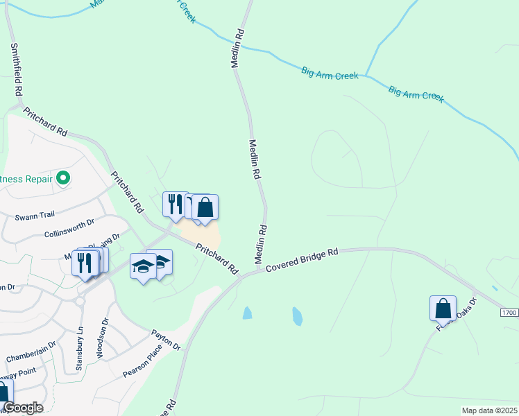 map of restaurants, bars, coffee shops, grocery stores, and more near 249 Medlin Road in Clayton