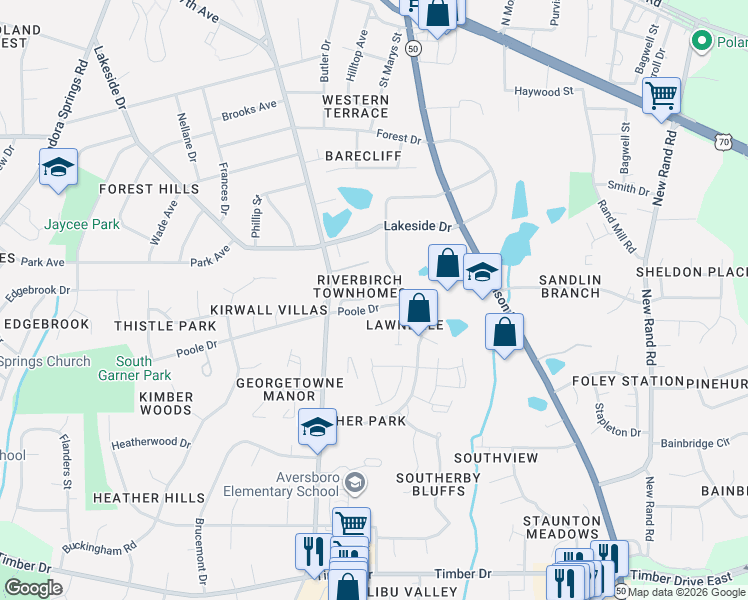 map of restaurants, bars, coffee shops, grocery stores, and more near 657 Poole Drive in Garner