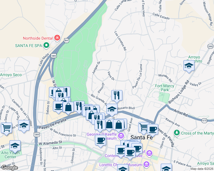 map of restaurants, bars, coffee shops, grocery stores, and more near 613 Pinon Drive in Santa Fe