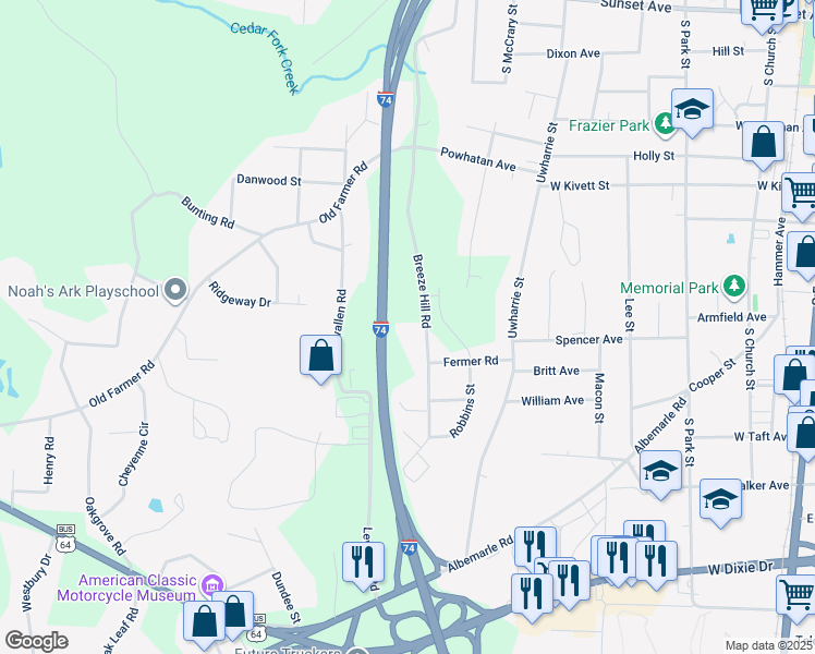 map of restaurants, bars, coffee shops, grocery stores, and more near 858 Breeze Hill Road in Asheboro