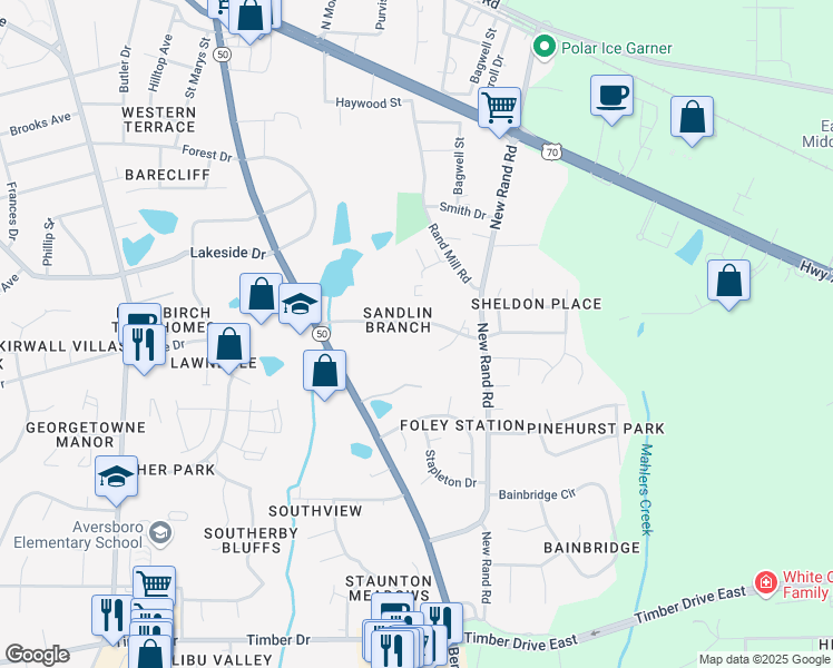 map of restaurants, bars, coffee shops, grocery stores, and more near 221 Kentucky Drive in Garner