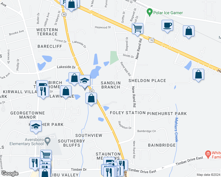 map of restaurants, bars, coffee shops, grocery stores, and more near 305 Kentucky Drive in Garner