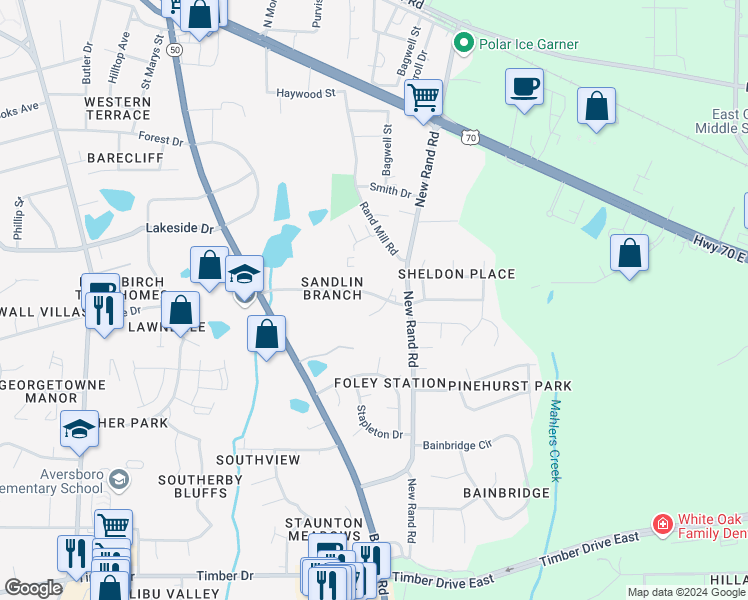 map of restaurants, bars, coffee shops, grocery stores, and more near 100 Barslund Court in Garner